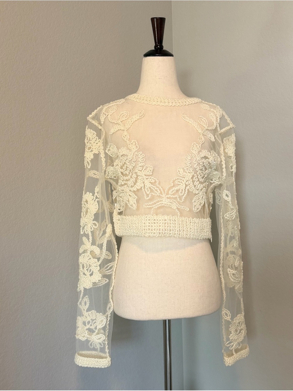 Anewsta Sheer 3D Floral Lace Long Sleeve Crop Top Size US 6